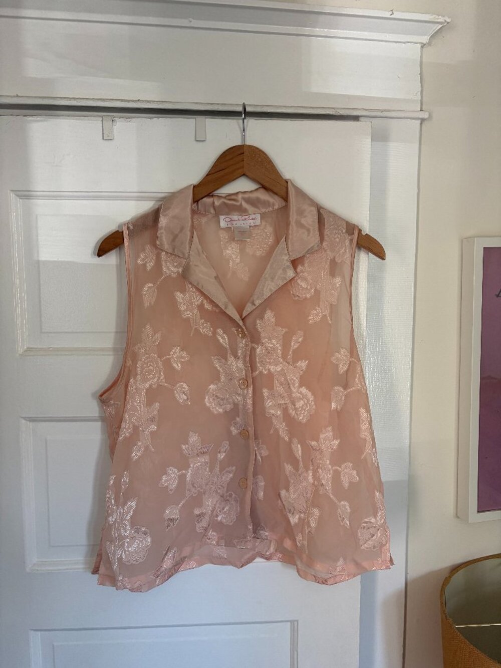 Oscar de la Renta Pink Label Sheer Floral Button Front Sleeveless Top - Size L